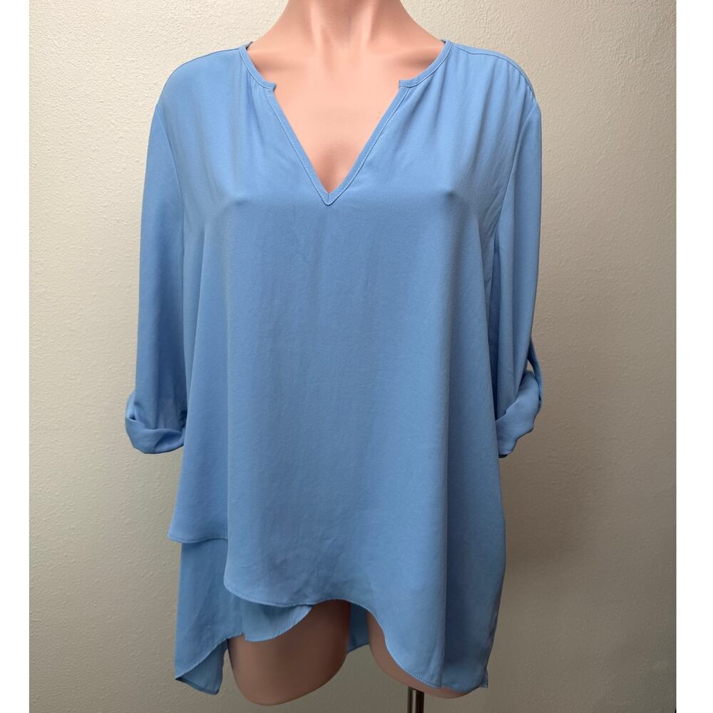 Karen Kane Light Blue Hi-Low Layered V-Neck Roll Tab Blouse Size L